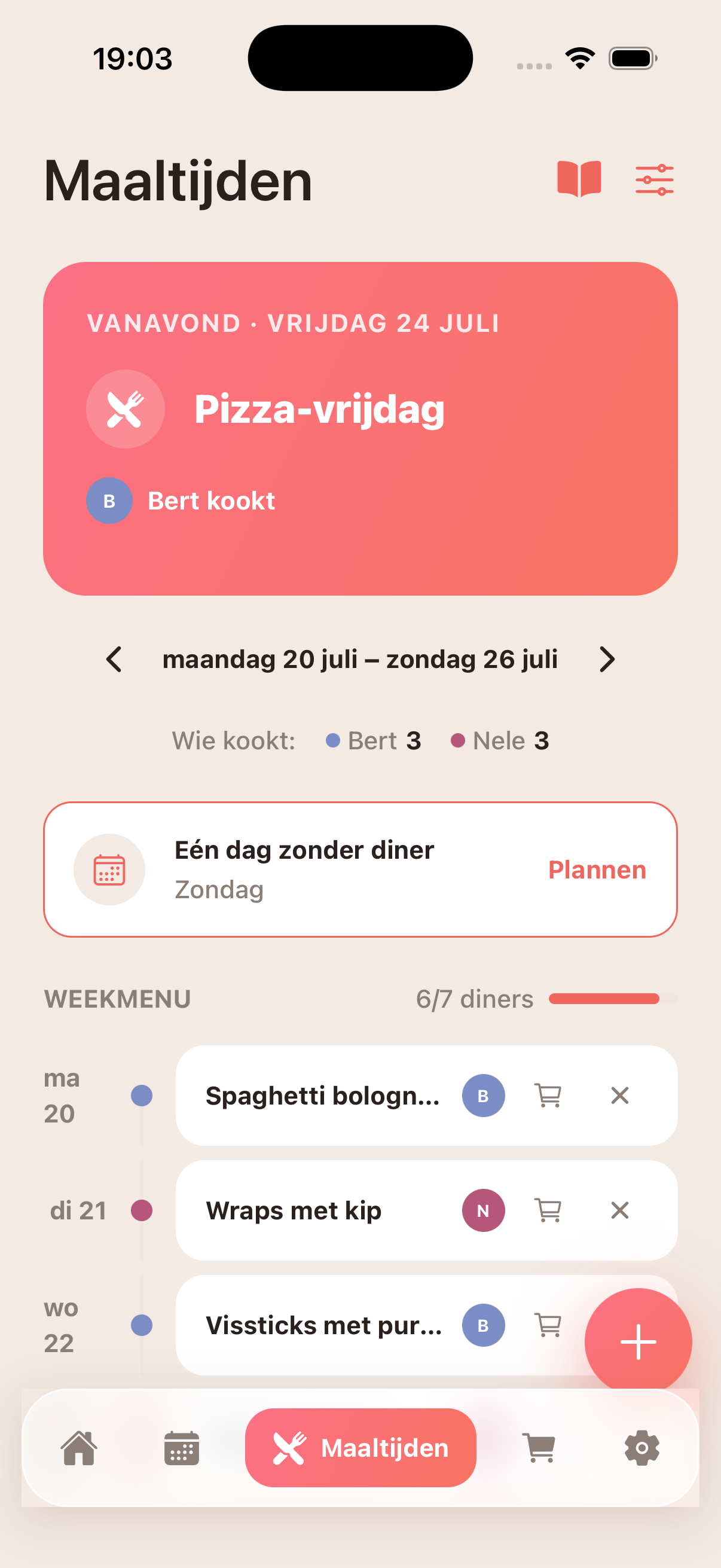 Het weekmenu in Gezin Planner met de maaltijd van vanavond, de wie-kookt-verdeling en de diners van de week.