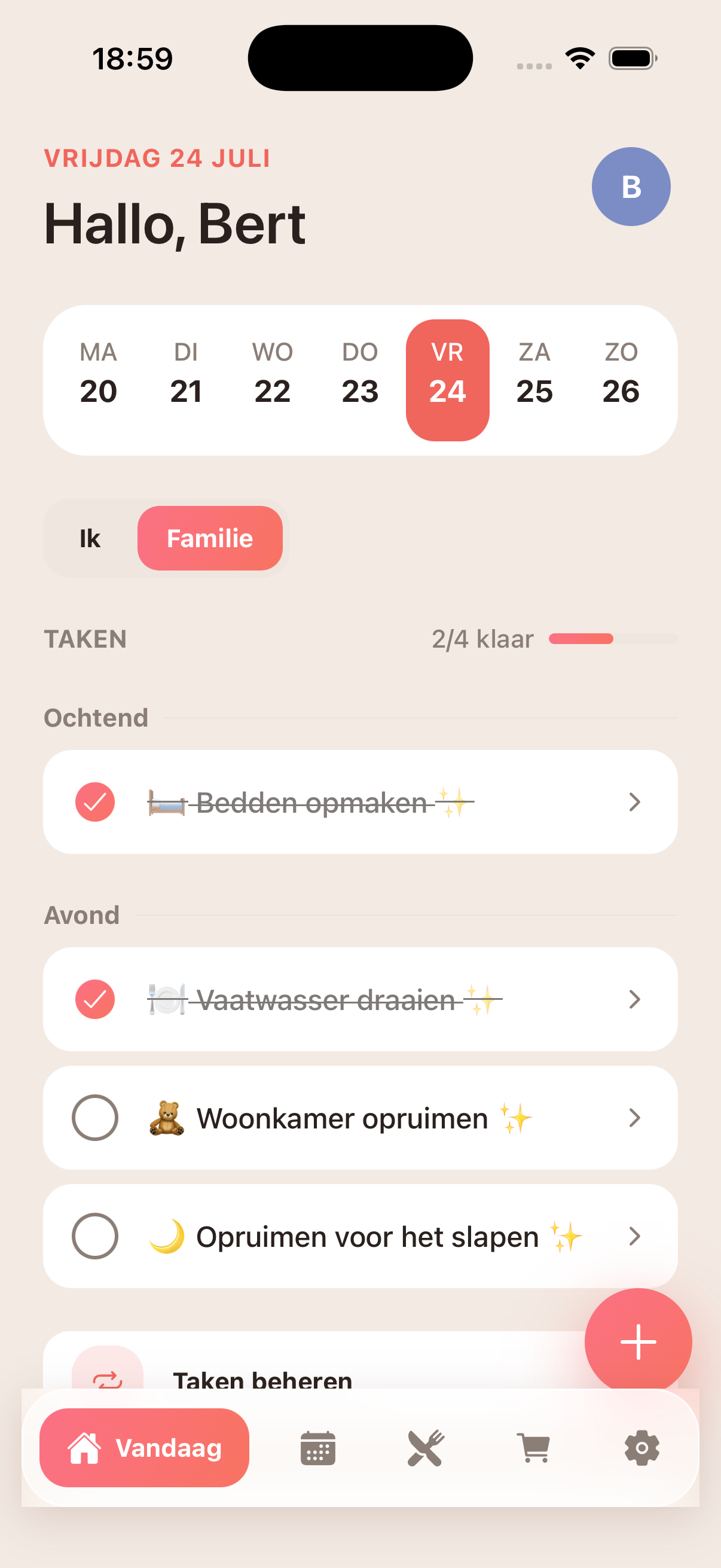 Het Vandaag-scherm van Gezin Planner met de begroeting “Hallo, Bert”, de weekstrip en de taken van vandaag met een voortgangsmeter.